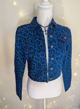 Electric Blue Leopard Print Cropped Denim Jacket